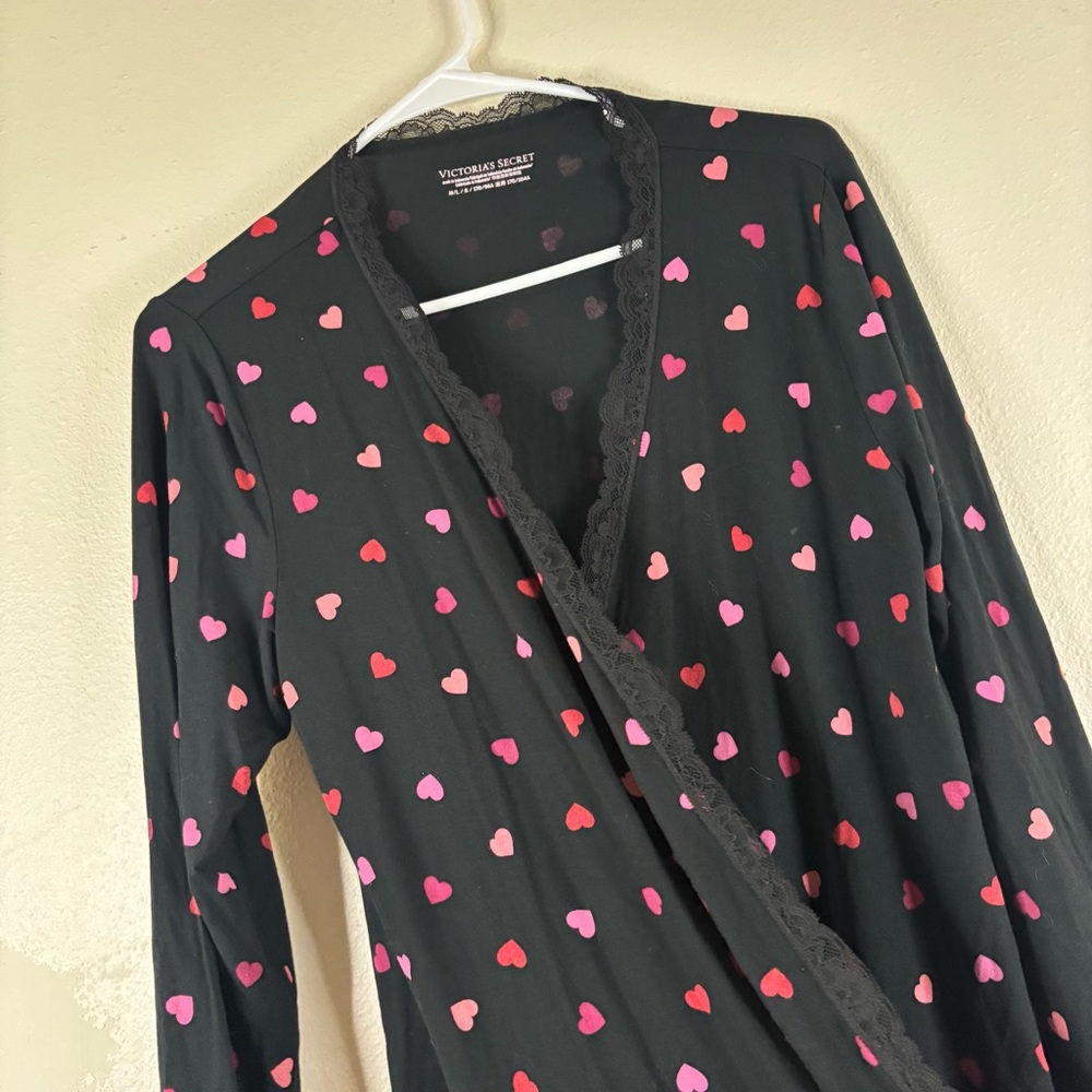 Victorias Secret Black Robe Pink Red Hearts Med/ Large Lace Trim Y2K - Picture 2 of 5